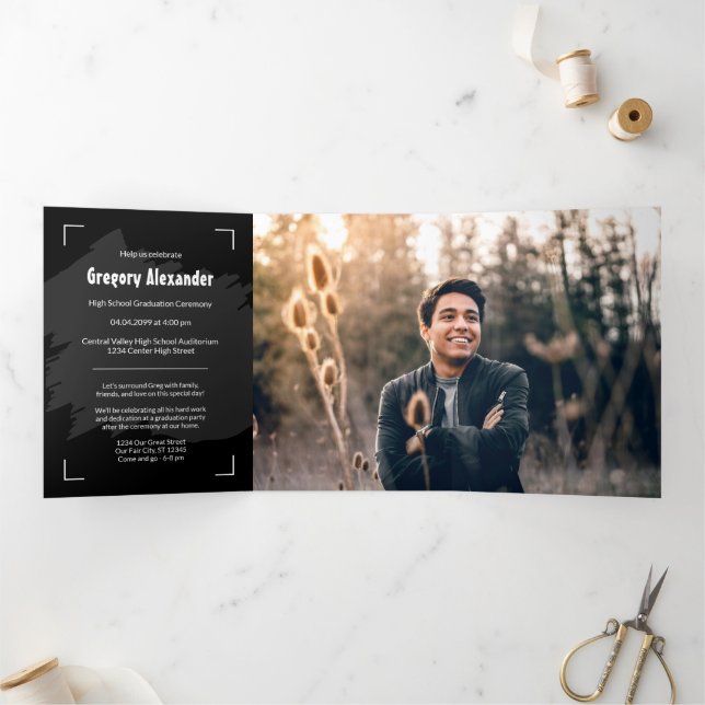 Black Edgy Abstract Brushstroke Photo Graduation Tri-Fold Invitation (Inside)