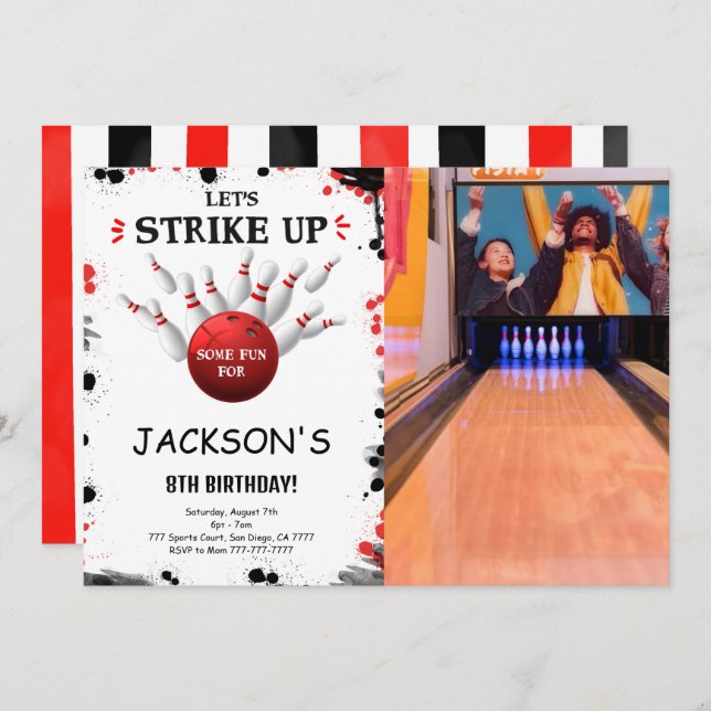 Black Editable Bowling Photo Invitation (Front/Back)