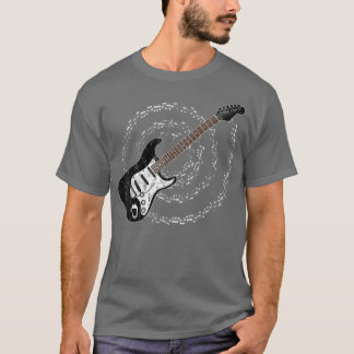 Black Electric Guitar Spiralling Musical Notes  T-Shirt