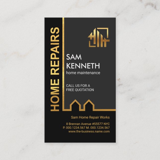 Black Elegance Gold Building Line Border Handyman Business Card (Front)