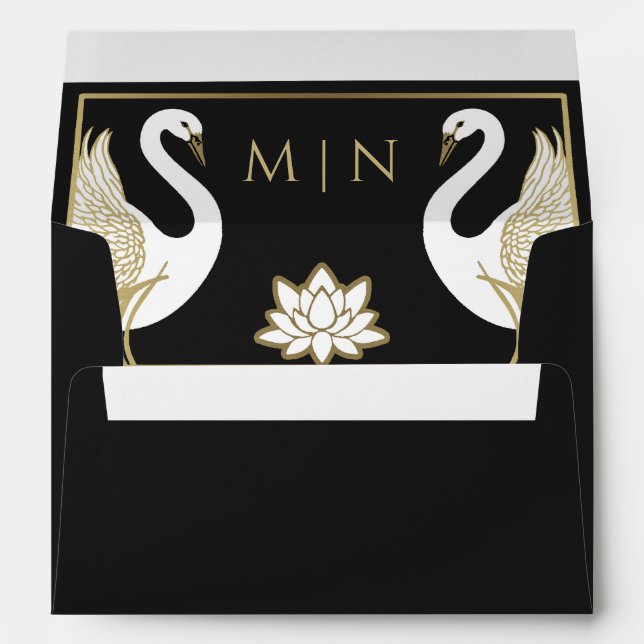 Black Elegant Art Nouveau Swans Wedding Envelope (Back (Bottom))