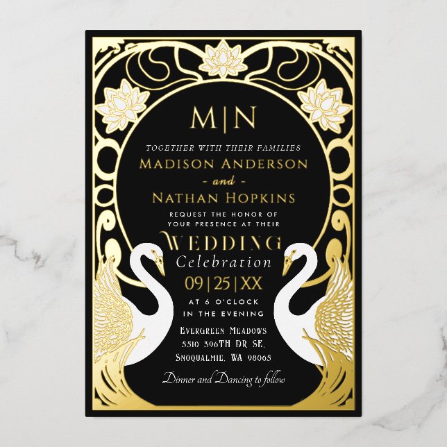 Black Elegant Art Nouveau Swans Wedding Invitation (Front)