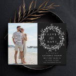 Black Elegant Boho Wildflower Wedding Photo Save The Date<br><div class="desc">This elegant wedding save the date card features wildflowers silhouette wreath with your photo and couples initials on the back.  For more advanced customization of this design,  please click the BLUE DESIGN TOOL BUTTON above!</div>
