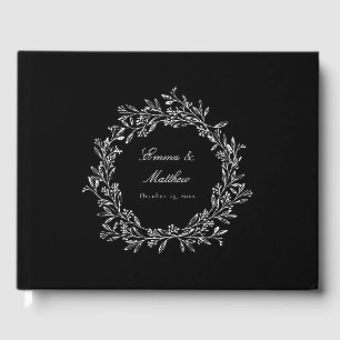 Black Elegant Botanical Couple Logo Wreath Guest Book