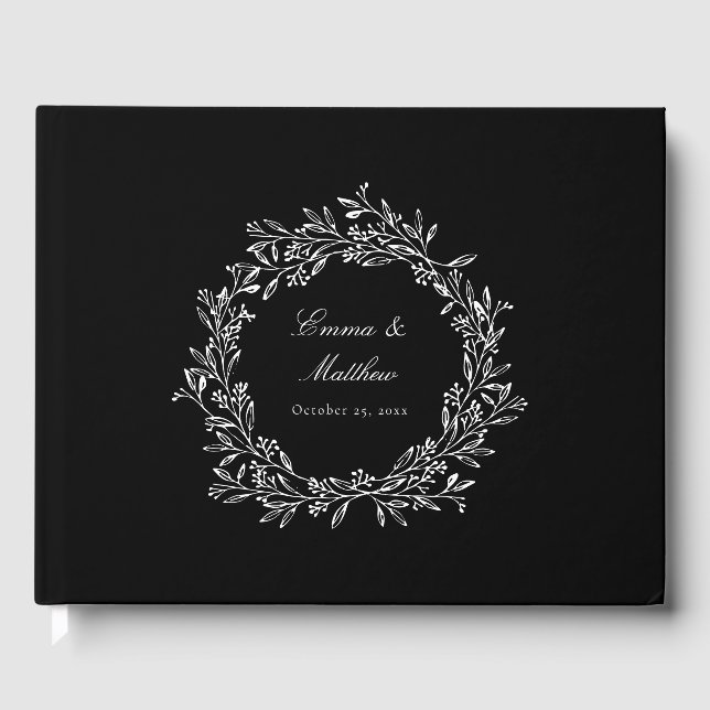 Black Elegant Botanical Couple Logo Wreath Guest Book (Front)
