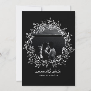 Black Elegant Botanical Line Wreath Photo & QR Save The Date