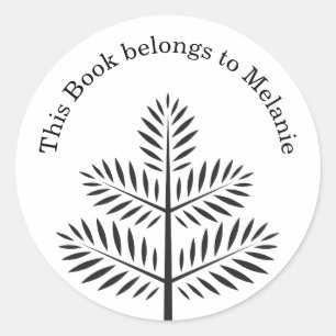 Black Elegant Botanical Tropical Branch Bookplate Classic Round Sticker