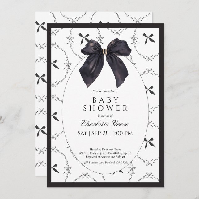 Black Elegant Bow Baby Shower Invitation (Front/Back)