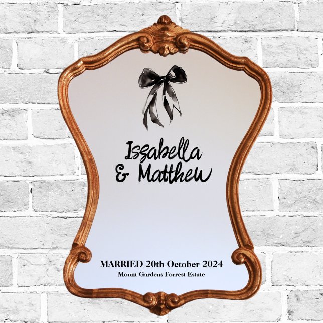 Black Elegant Bow Name Date Wedding Ceremony SIgn (Black elegant modern bow bride groom couple name date sticker decal vinyl for ceremony wedding sign)