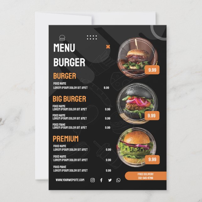 Black Elegant Burger Restaurant Menu Invitation (Front)