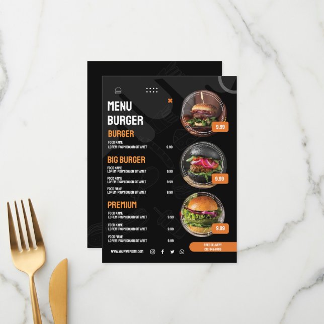 Black Elegant Burger Restaurant Menu Invitation (Front/Back In Situ)