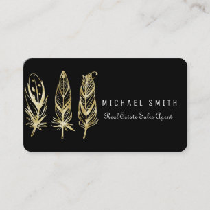 Black elegant business card with gold feathers