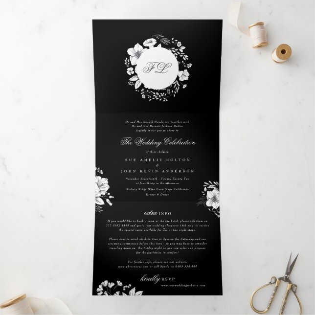 Black Elegant Calligraphy Monogram Floral Wedding Tri-Fold Invitation (Inside)