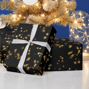 Black Elegant Celestial Starry Gold Stars Design Wrapping Paper