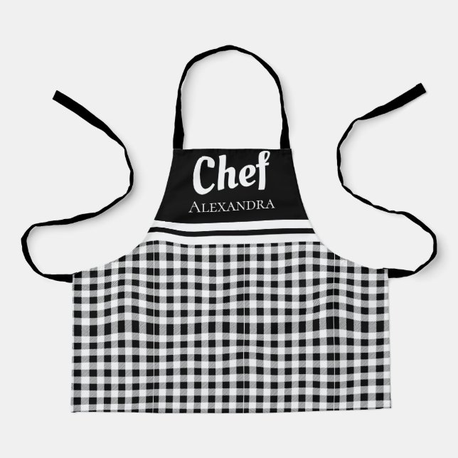 Black Elegant Chef Buffalo Plaid Black White Apron (Front)