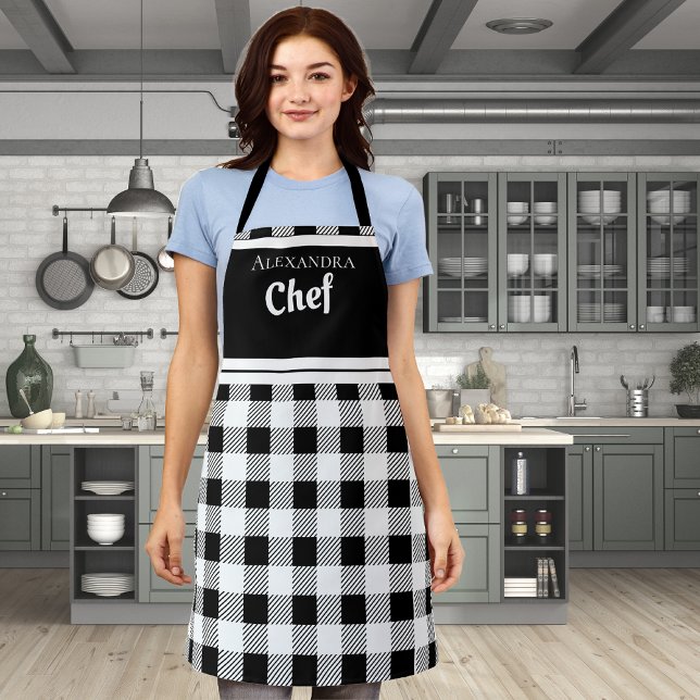 Black Elegant Chef Buffalo Plaid Black White Apron (Creator Uploaded)