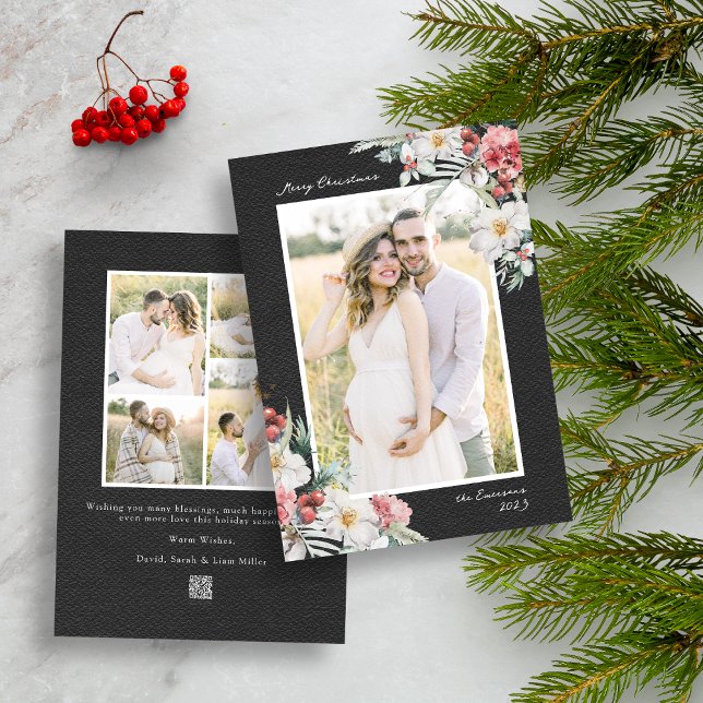 Black Elegant Christmas Photo Collage Carte de vac (Black Merry Christmas Photo Collage Holiday Card with Elegant Watercolor Botanical Florals Berries)