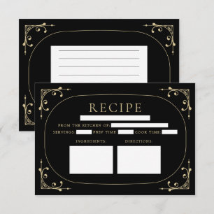 Black Elegant Deco Retro Bridal Shower Recipe Card