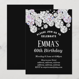 black elegant diamond, glitter birthday invitation