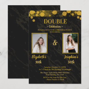 Black elegant double joint birthday 2 PHOTO Invitation