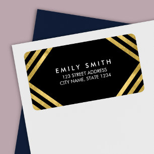 Black Elegant Faux Gold Lines Address Label