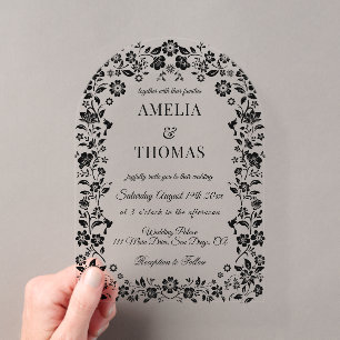 Black Elegant Floral Wedding  Acrylic Invitations