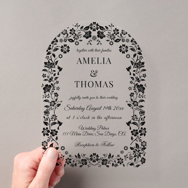 Black Elegant Floral Wedding  Acrylic Invitations (Insitu (Handheld))