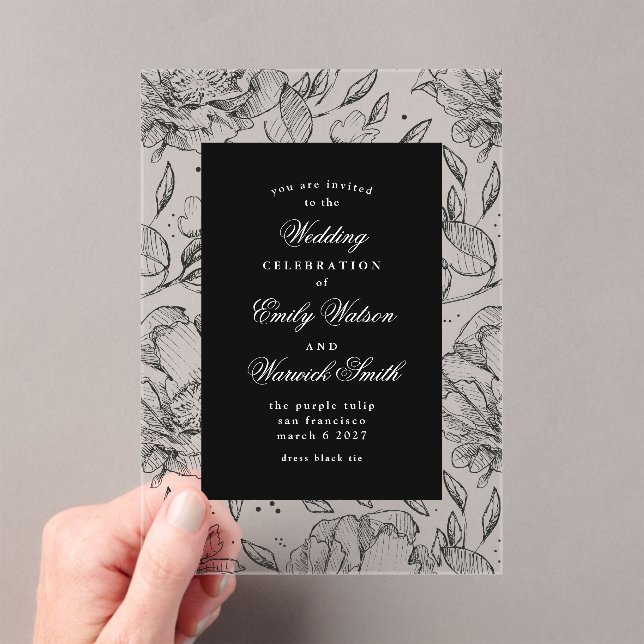Black Elegant Floral Wedding Arch Acrylic Invitations (Insitu (Handheld))