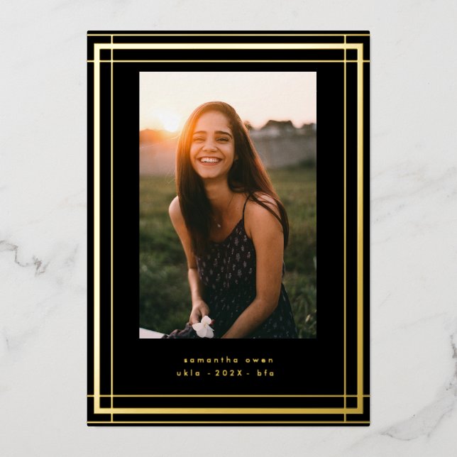 Black Elegant Foil Border Photo University Grad (Front)