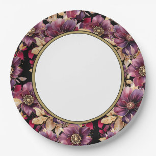 Black Elegant Gold Burgundy Floral pattern border Paper Plate