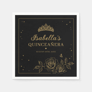 Black Elegant Gold Floral Quinceañera Napkin