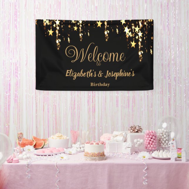Black elegant & gold stars double joint birthday banner (Party)