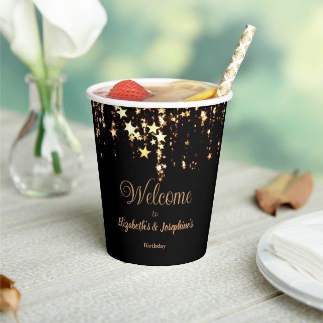 Black elegant & gold stars double joint birthday paper cups (Insitu)
