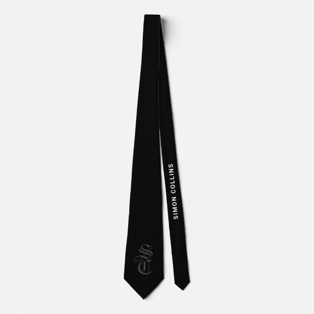 Black Elegant Gothic Monogram Name Medieval Typo Tie (Front)