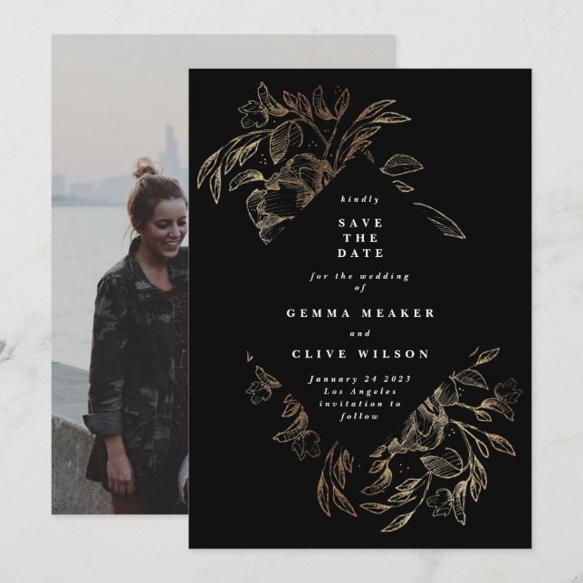 Black Elegant Hand Drawn Botanical Wedding Photo Save The Date (Front/Back)
