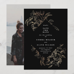 Black Elegant Hand Drawn Botanical Wedding Photo Save The Date