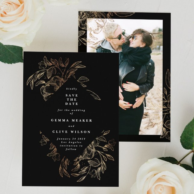 Black Elegant Hand Drawn Botanical Wedding Photo Save The Date (Creator Uploaded)