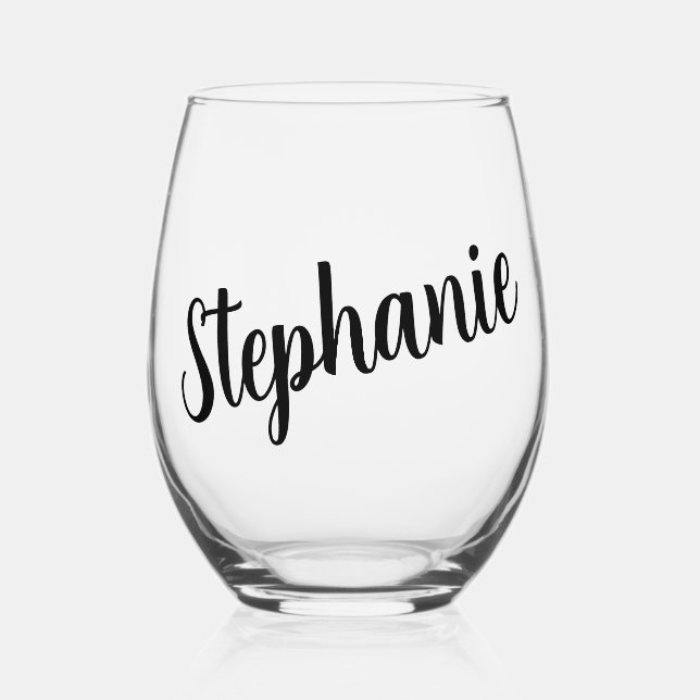 Black Elegant Handwritten Style Name Stemless Wine Glass (Front)