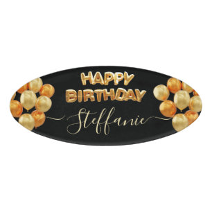 Black Elegant Happy Birthday Name Tag