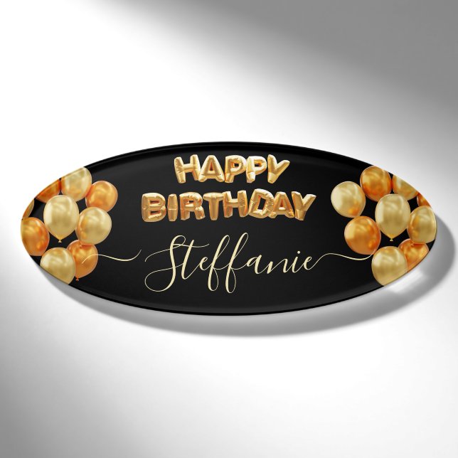Black Elegant Happy Birthday Name Tag (Front)