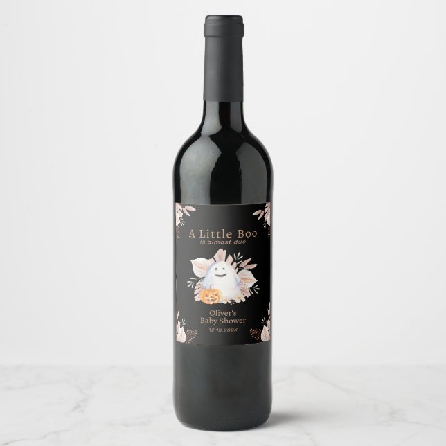 Black Elegant Little Boo Boho Ghost Baby Shower  Wine Label (Front)