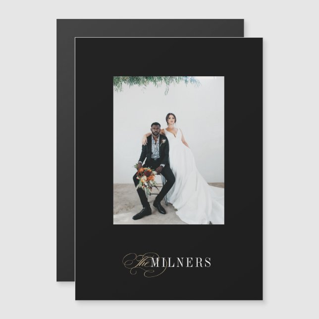 Black Elegant Minimalist Holiday Photo Magnet Card (Front/Back)
