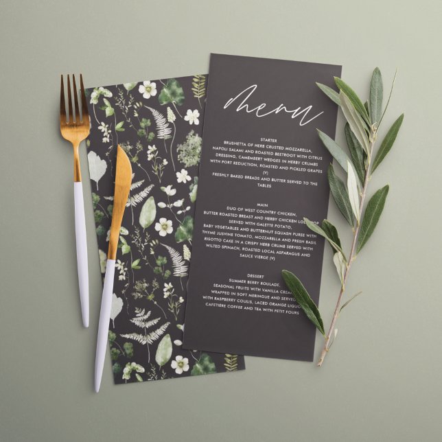 Black elegant modern botanical script wedding menu (Creator Uploaded)