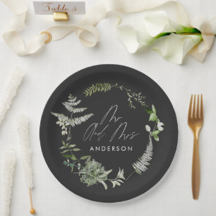 Black elegant modern botanical script wedding paper plate