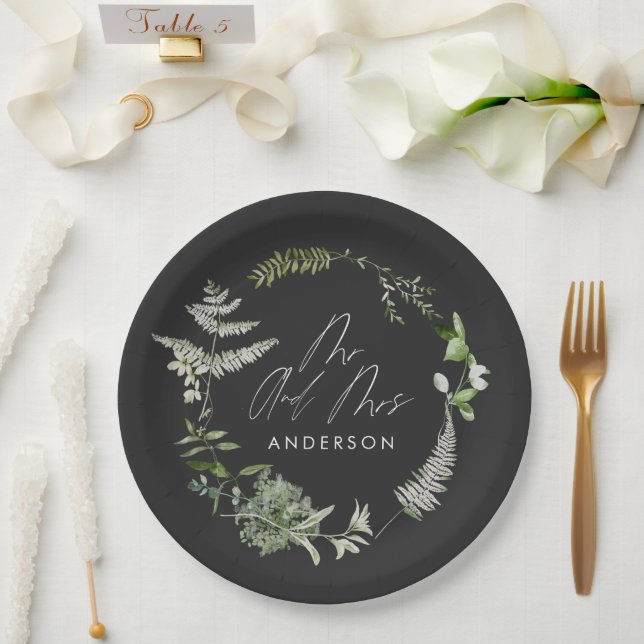 Black elegant modern botanical script wedding paper plate (Wedding)