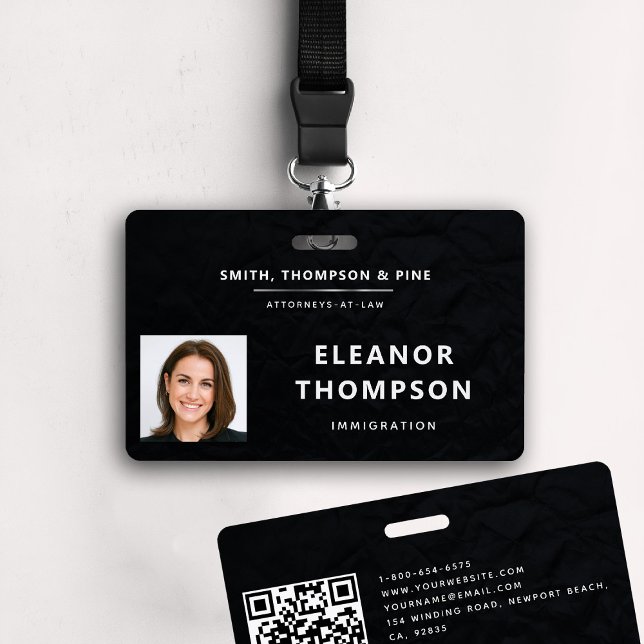 Black Elegant Modern Business Corporate Photo QR Badge (business corporate qr photo badge law firm attorney real estate manager paralegal black white)