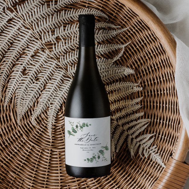 Black elegant modern eucalyptus save the date chic wine label (Creator Uploaded)