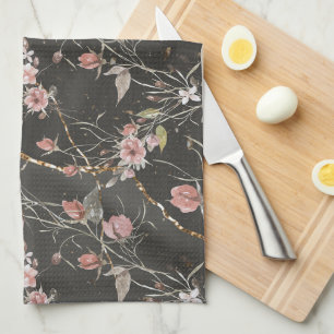 Black Elegant Modern Floral Rose Kitchen Towel