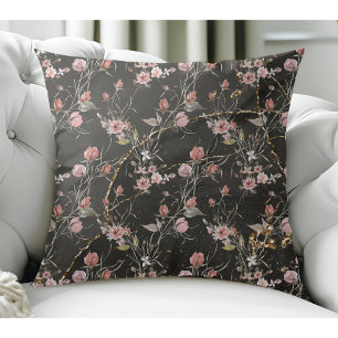 Black Elegant Modern Floral Rose Throw Pillow
