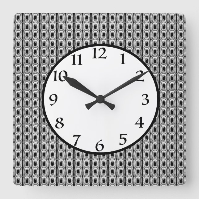 Black Elegant Modern Geometric White Pattern Square Wall Clock (Front)